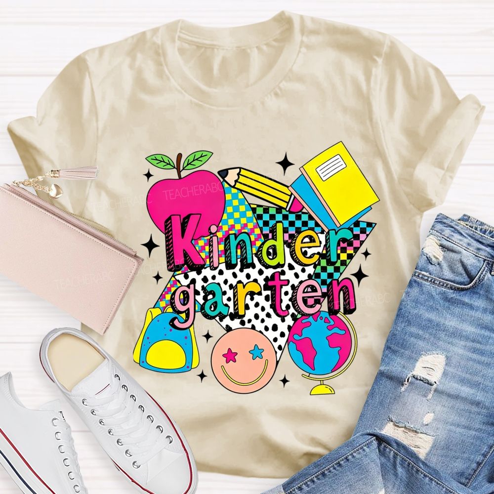 Personalized Grade Colorful Checkerboard Pattern Teacher T-Shirt