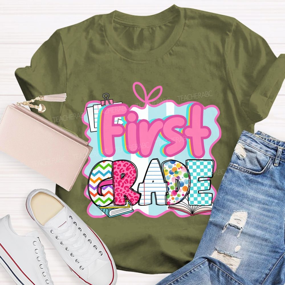 Personalized Grade Pink Letter Leopard Print Teacher T-Shirt