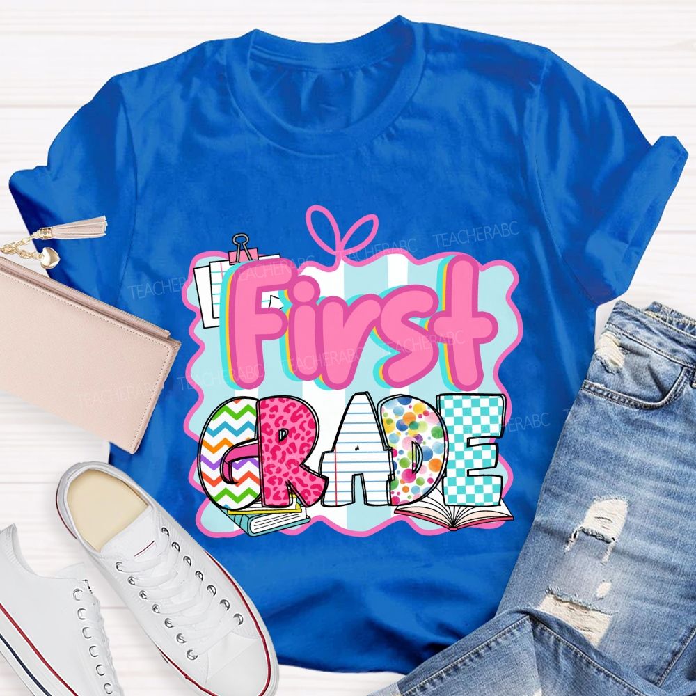 Personalized Grade Pink Letter Leopard Print Teacher T-Shirt