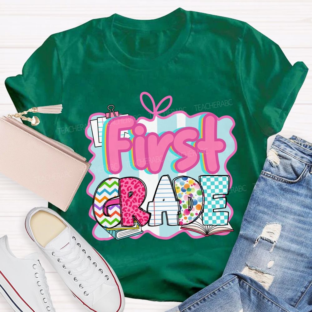 Personalized Grade Pink Letter Leopard Print Teacher T-Shirt