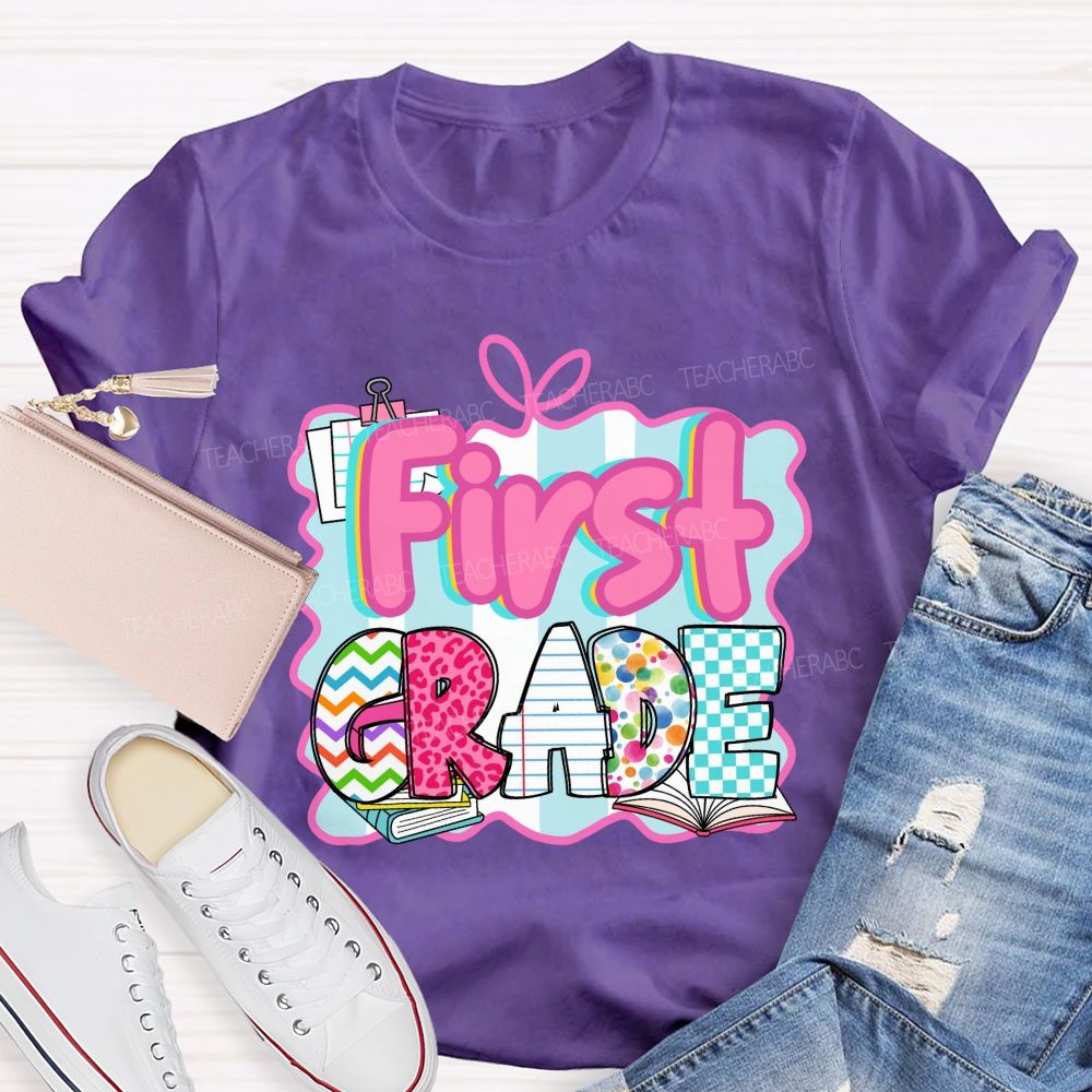 Personalized Grade Pink Letter Leopard Print Teacher T-Shirt