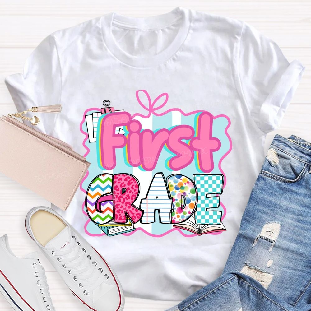 Personalized Grade Pink Letter Leopard Print Teacher T-Shirt