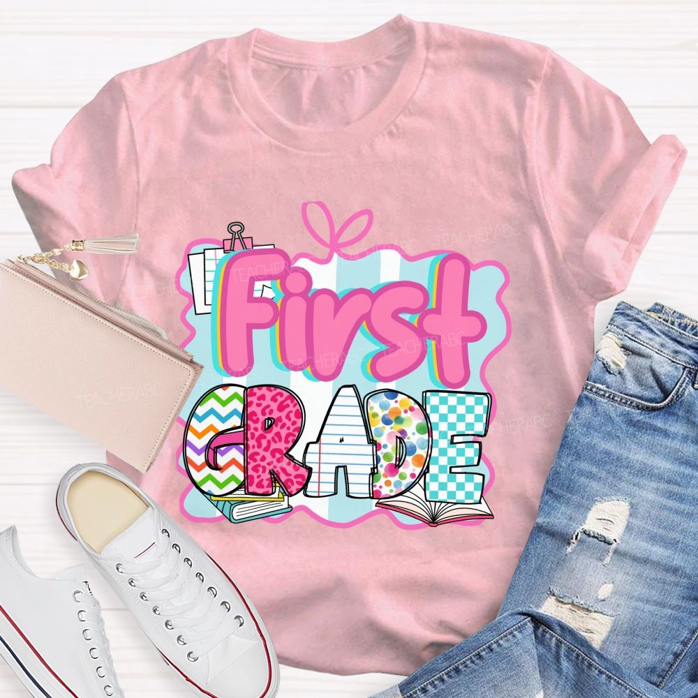 Personalized Grade Pink Letter Leopard Print Teacher T-Shirt