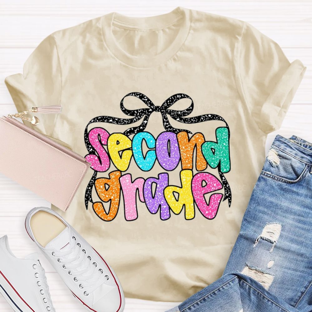 Personalized Grade Sparkly Colorful Letters Teacher T-Shirt