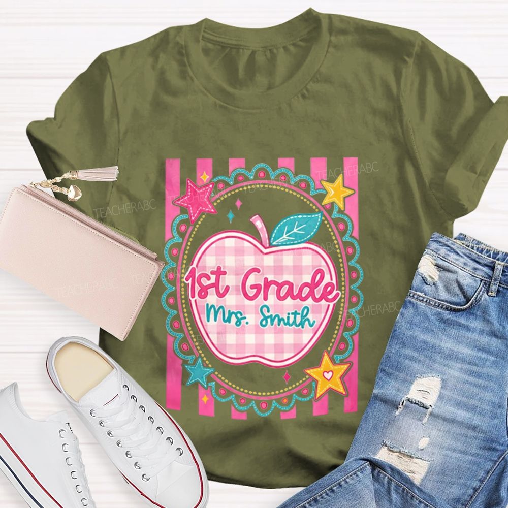 Personalized Grade And Name Pink Plaid-Print Apple Teacher T-Shirt