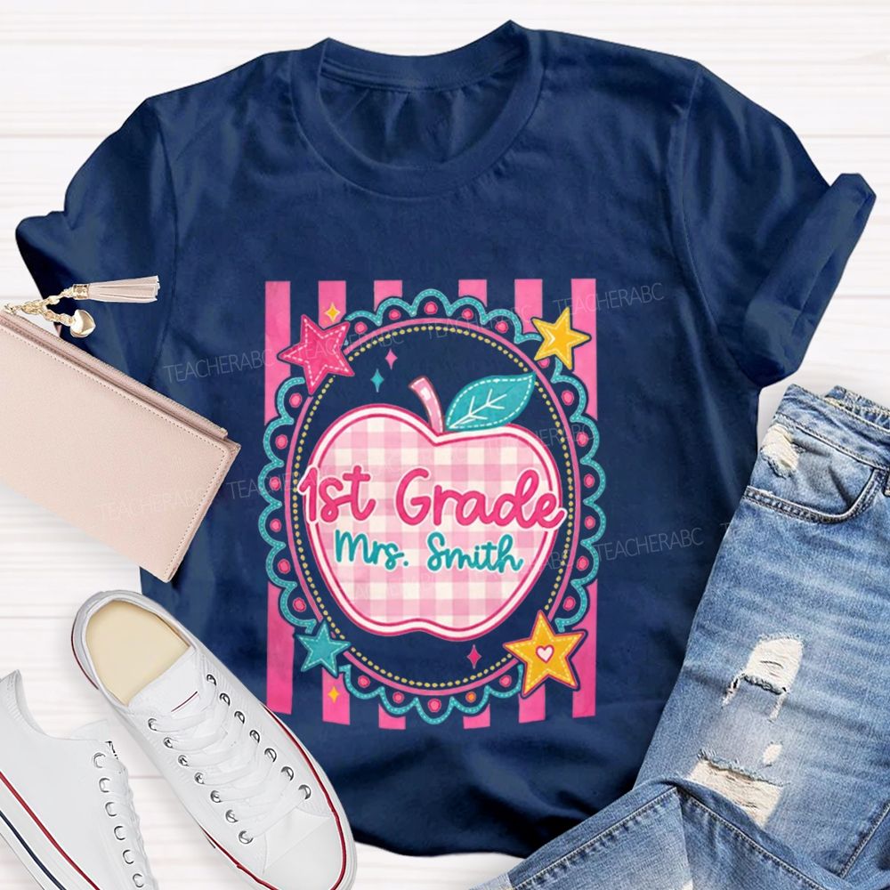 Personalized Grade And Name Pink Plaid-Print Apple Teacher T-Shirt