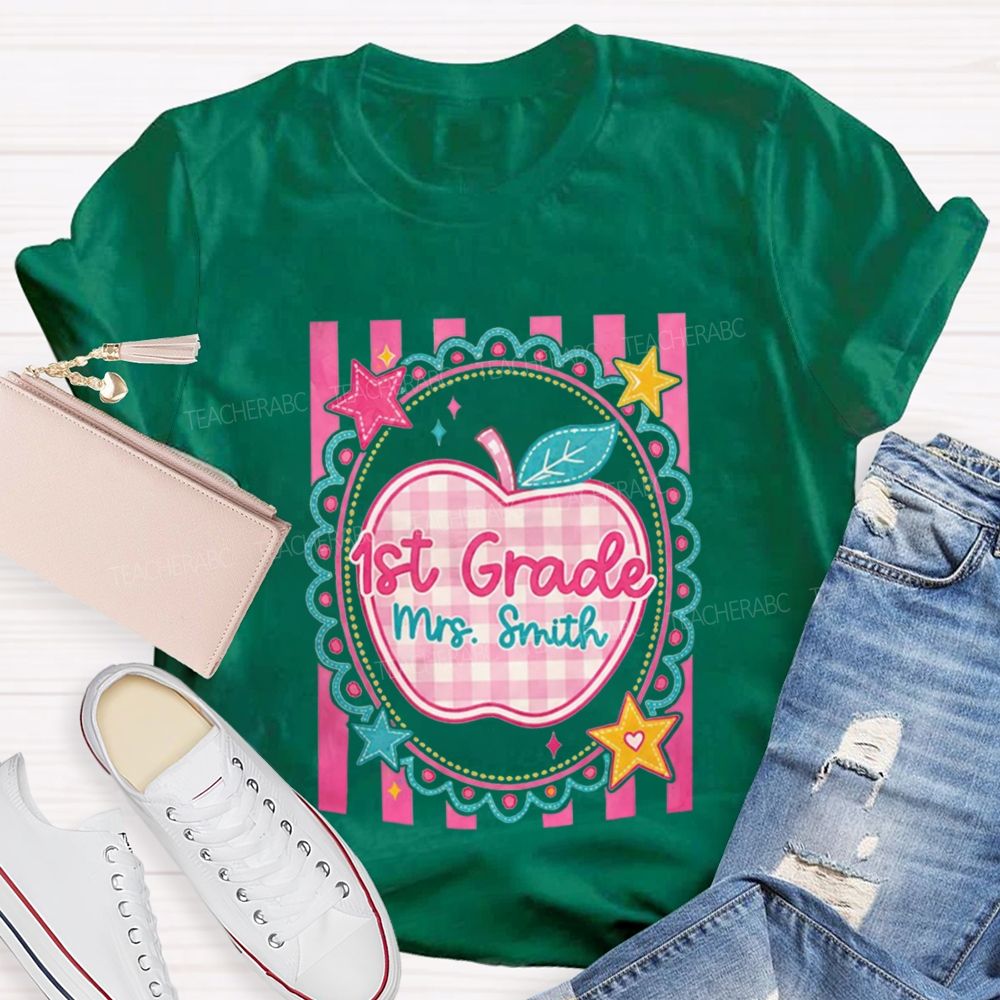 Personalized Grade And Name Pink Plaid-Print Apple Teacher T-Shirt
