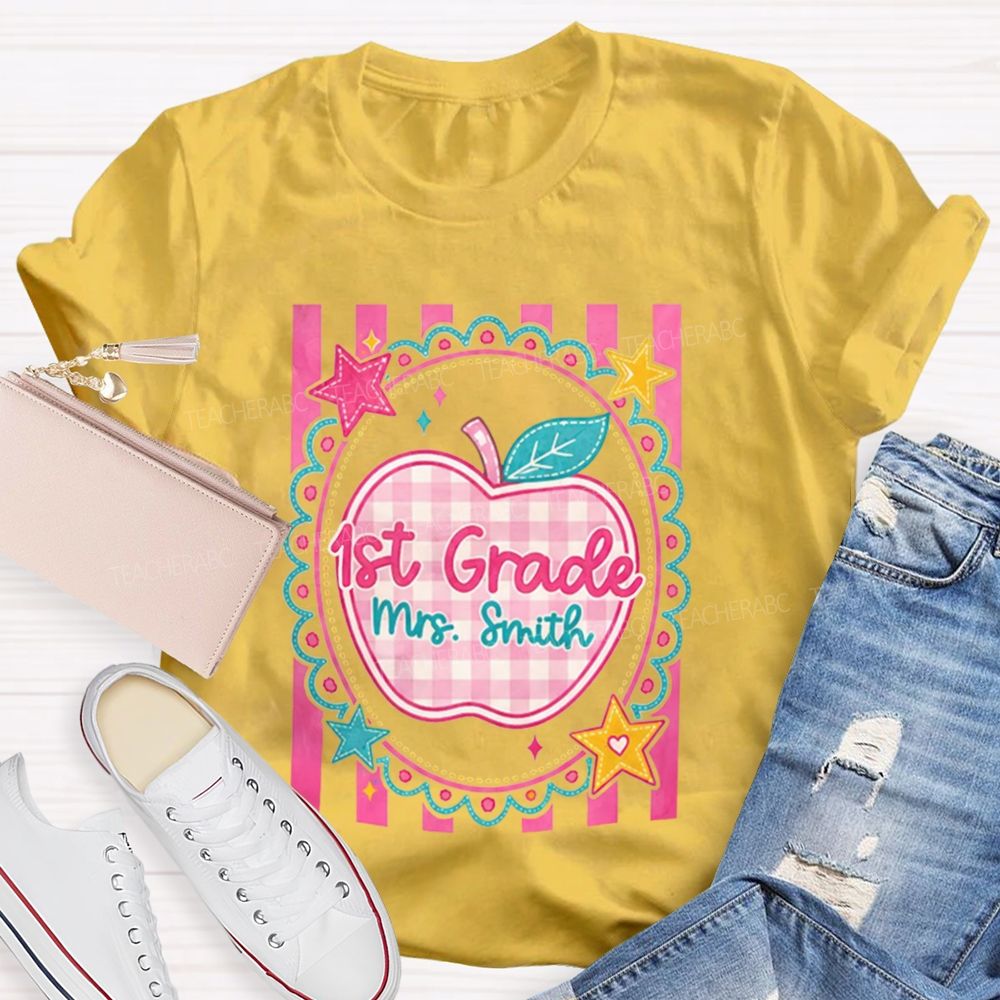 Personalized Grade And Name Pink Plaid-Print Apple Teacher T-Shirt