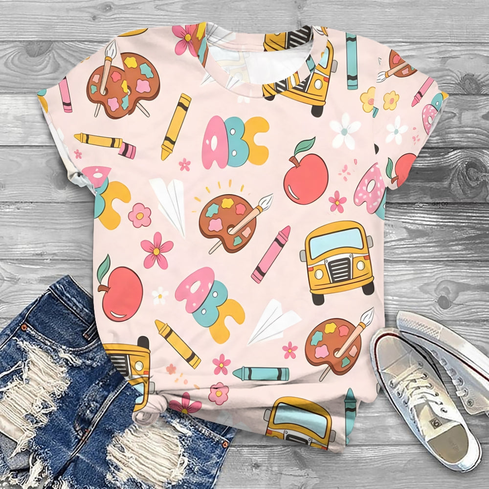 Back To School Pink Apple Printed T-Shirt