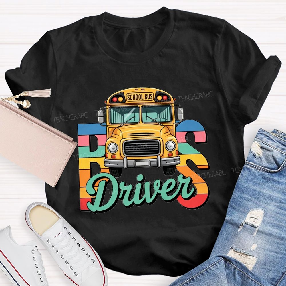 Rainbow Gradient Cartoon School Bus Bus Driver T-shirt