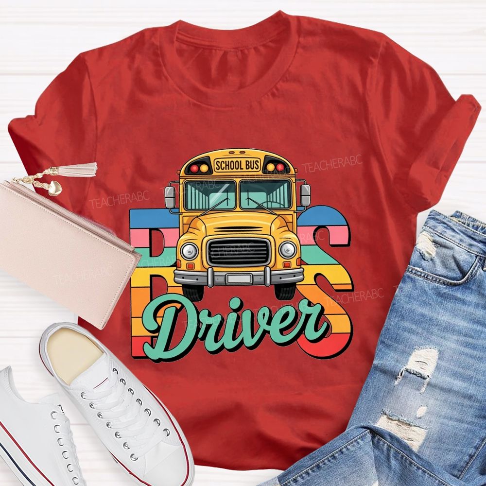 Rainbow Gradient Cartoon School Bus Bus Driver T-shirt