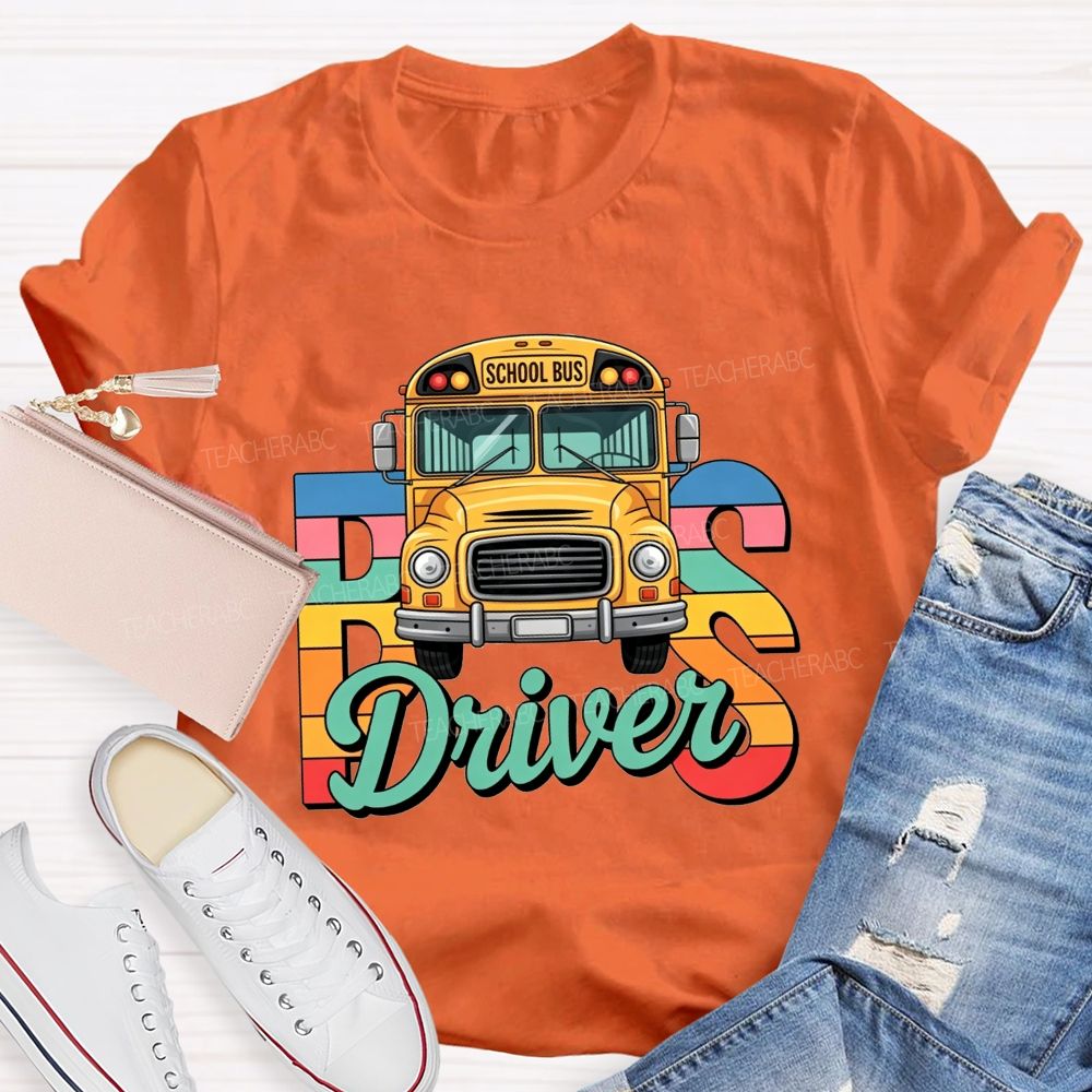 Rainbow Gradient Cartoon School Bus Bus Driver T-shirt
