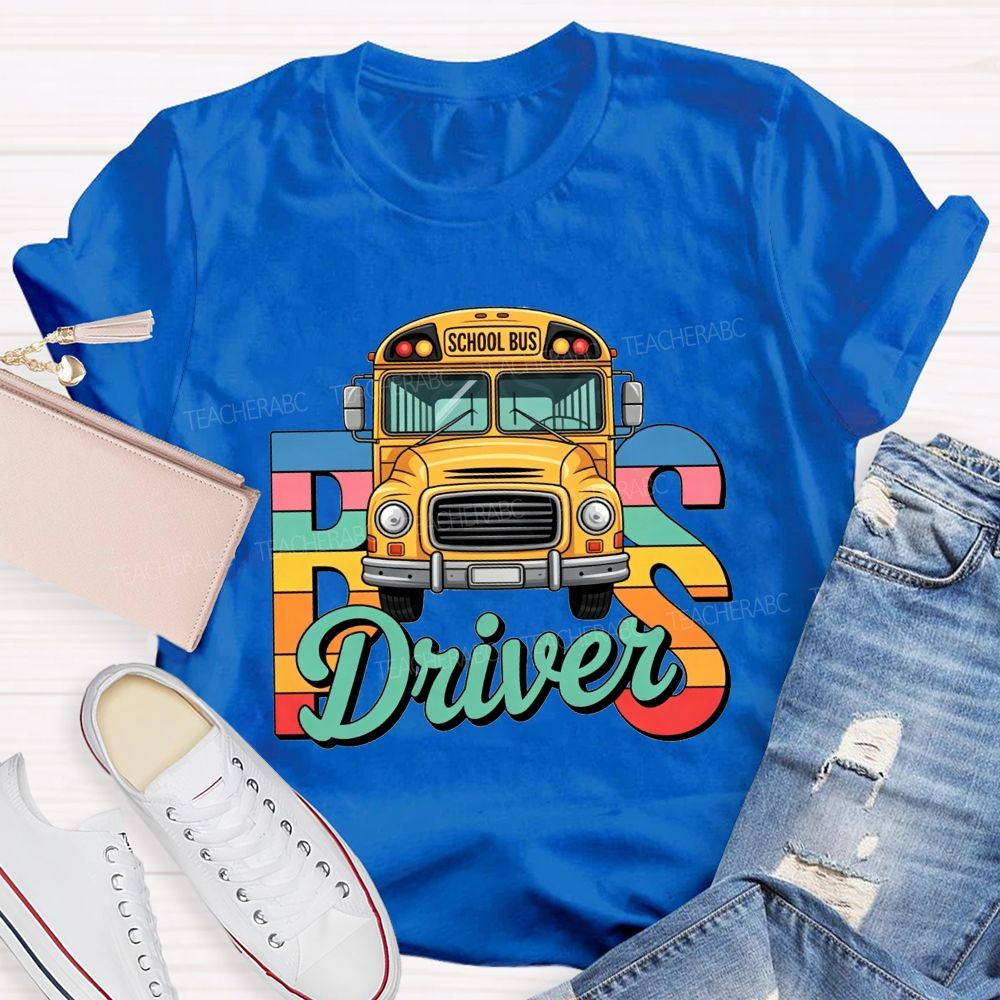 Rainbow Gradient Cartoon School Bus Bus Driver T-shirt