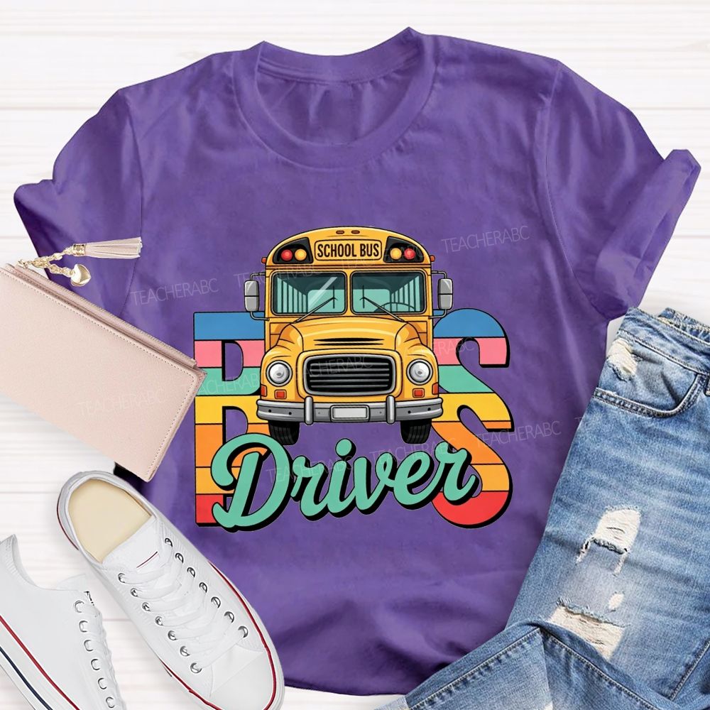 Rainbow Gradient Cartoon School Bus Bus Driver T-shirt