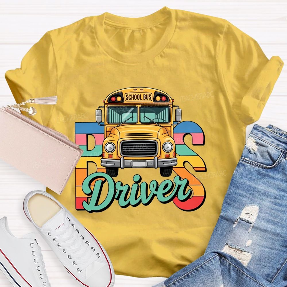 Rainbow Gradient Cartoon School Bus Bus Driver T-shirt