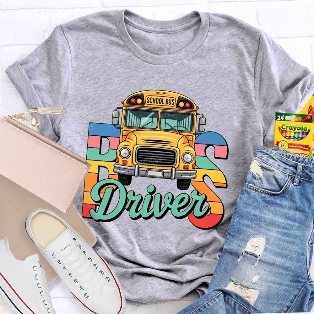 Rainbow Gradient Cartoon School Bus Bus Driver T-shirt