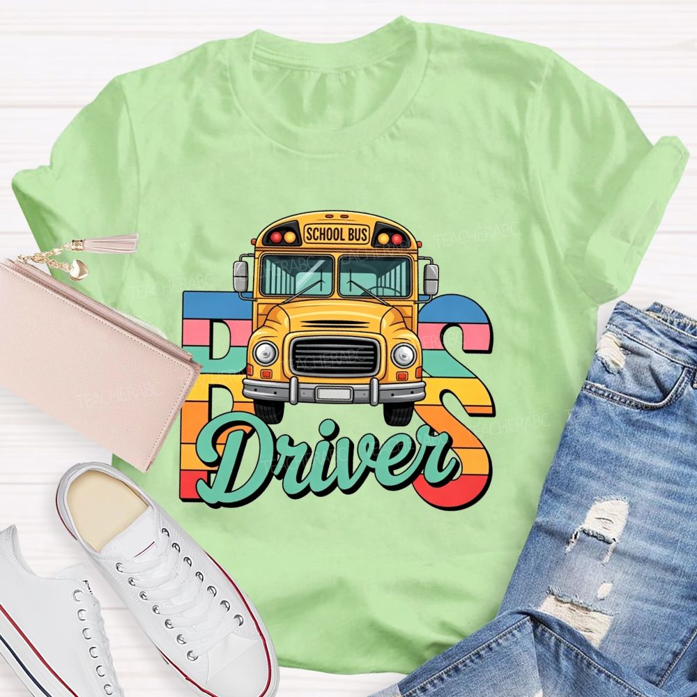 Rainbow Gradient Cartoon School Bus Bus Driver T-shirt