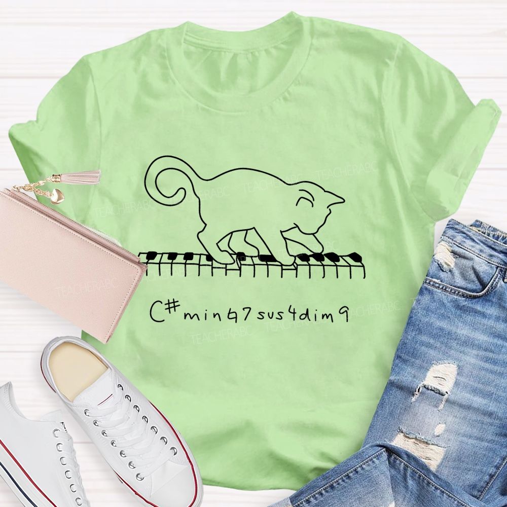 Cute Line Drawing Cat Playing Piano Jazz Chord Graphic Music Teacher T-shirt