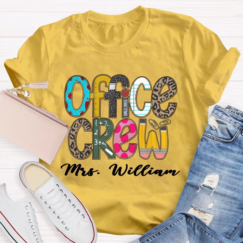 Personalized Name Office Crew Leopard Printed Teacher T-Shirt