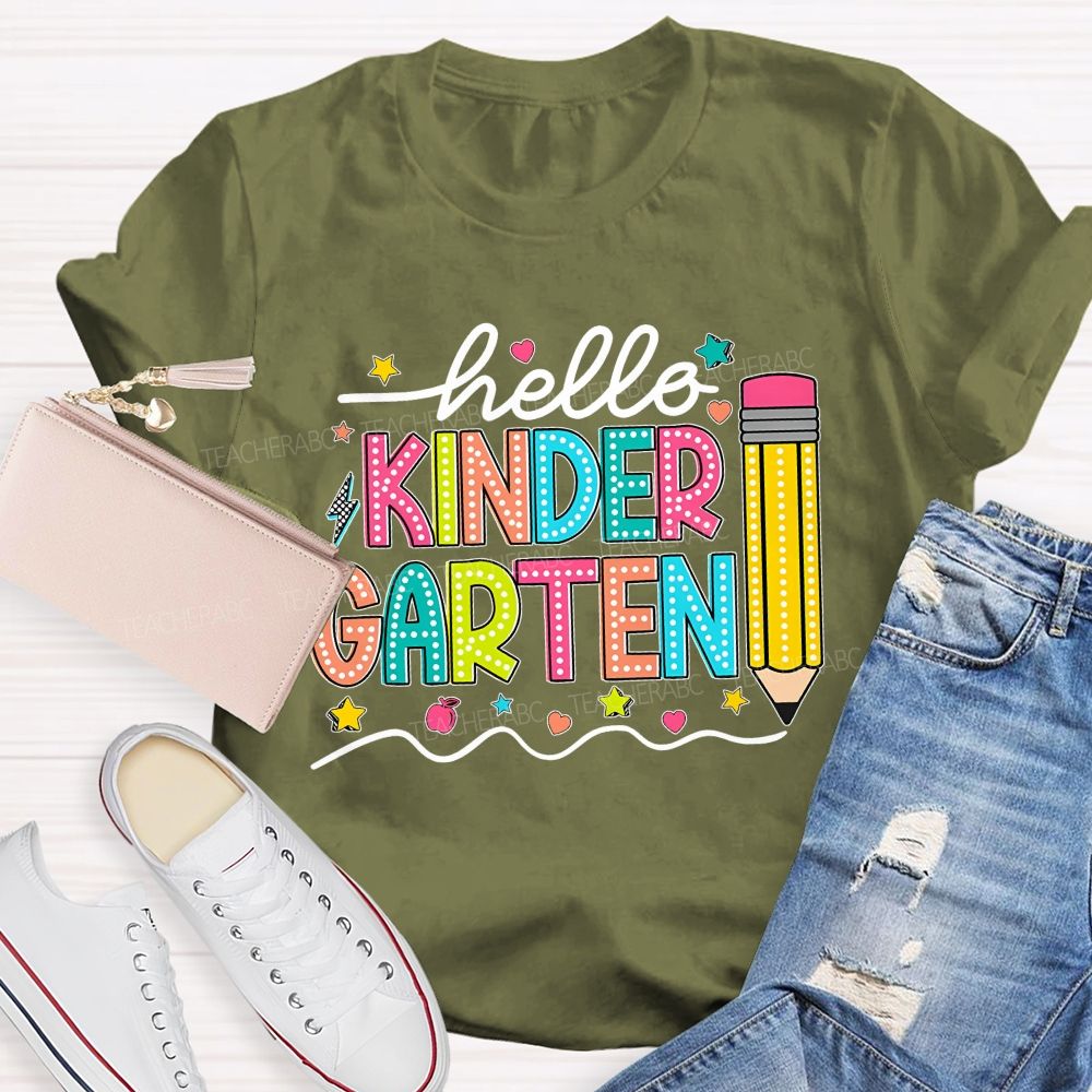 Personalized Grade Hello Kinder Garten Star Pink Apple Pencil Teacher T-Shirt