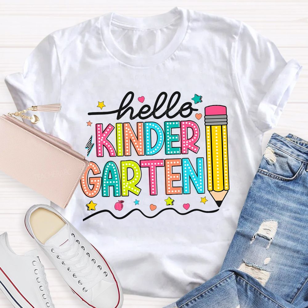 Personalized Grade Hello Kinder Garten Star Pink Apple Pencil Teacher T-Shirt