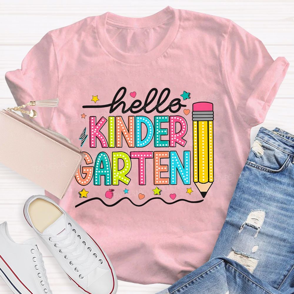 Personalized Grade Hello Kinder Garten Star Pink Apple Pencil Teacher T-Shirt