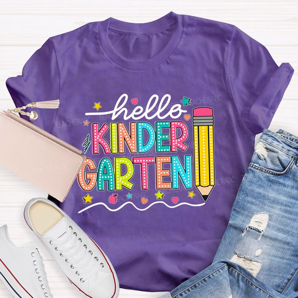Personalized Grade Hello Kinder Garten Star Pink Apple Pencil Teacher T-Shirt