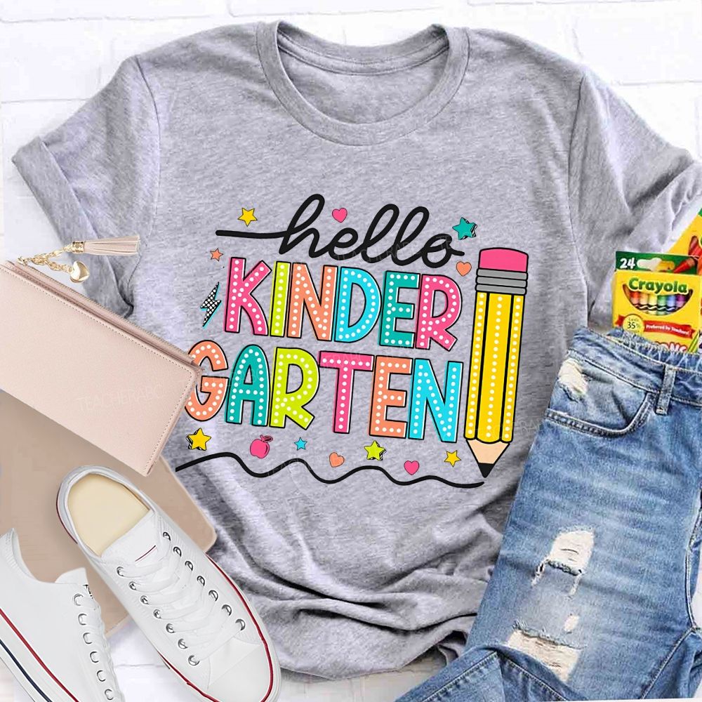 Personalized Grade Hello Kinder Garten Star Pink Apple Pencil Teacher T-Shirt