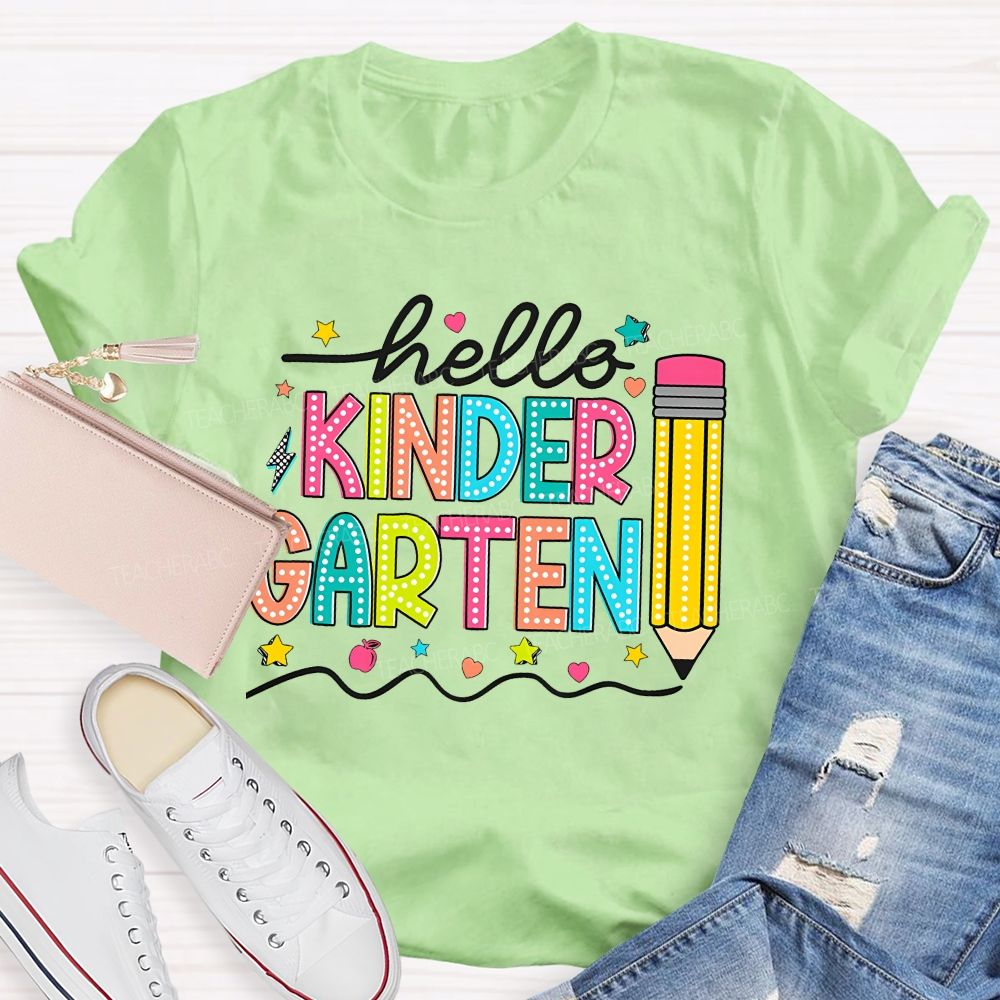 Personalized Grade Hello Kinder Garten Star Pink Apple Pencil Teacher T-Shirt