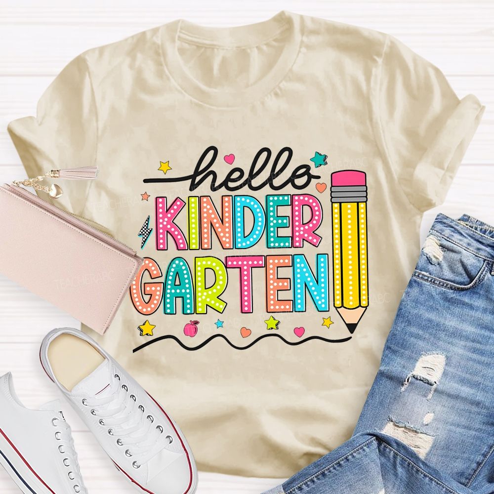 Personalized Grade Hello Kinder Garten Star Pink Apple Pencil Teacher T-Shirt