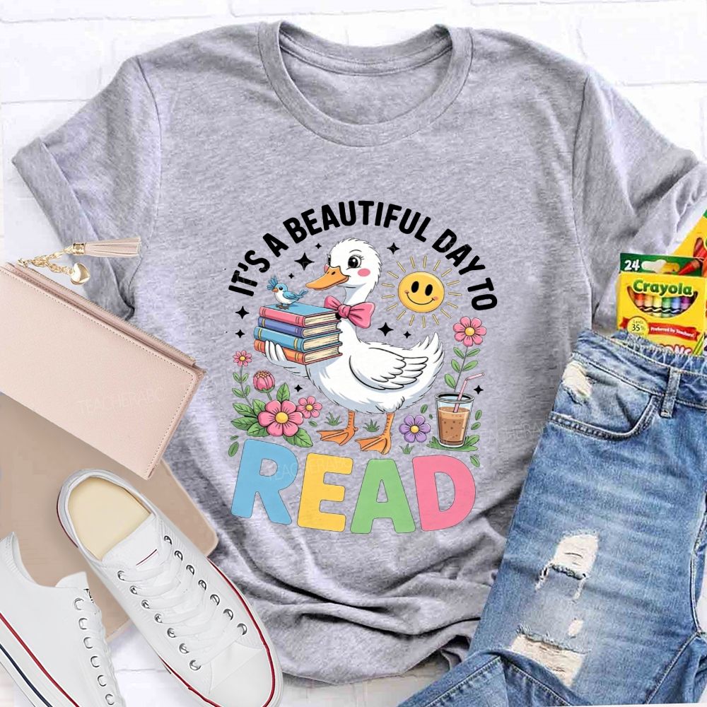It'S A Beautiful Day To Read Cute Duck Flower Teacher T-shirt
