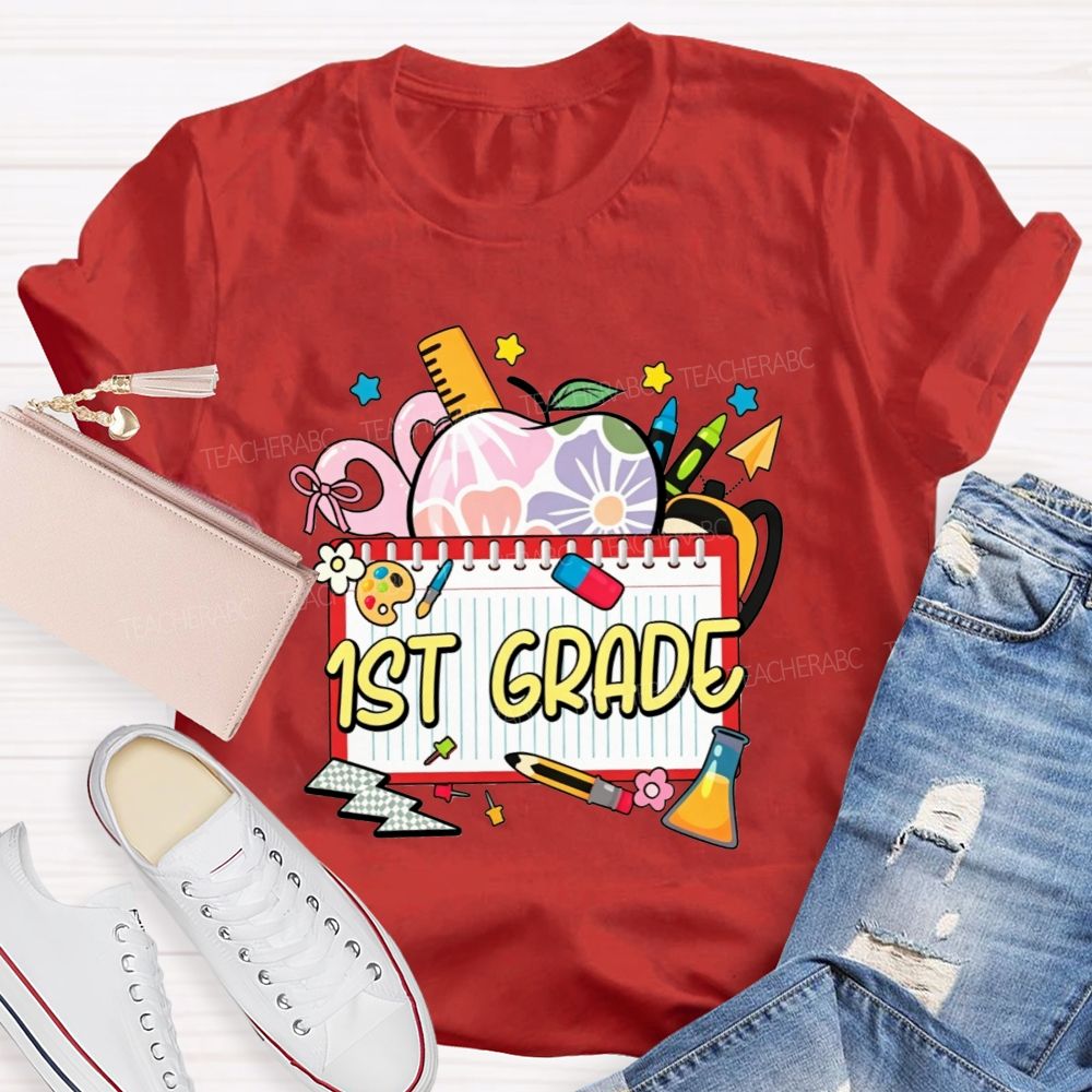 Personalized Grade Floral Apple Notebook Teacher T-shirt