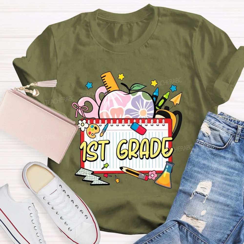 Personalized Grade Floral Apple Notebook Teacher T-shirt