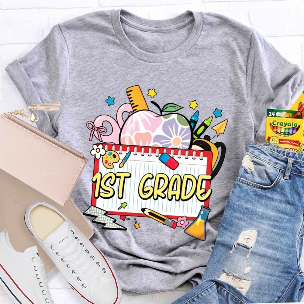 Personalized Grade Floral Apple Notebook Teacher T-shirt