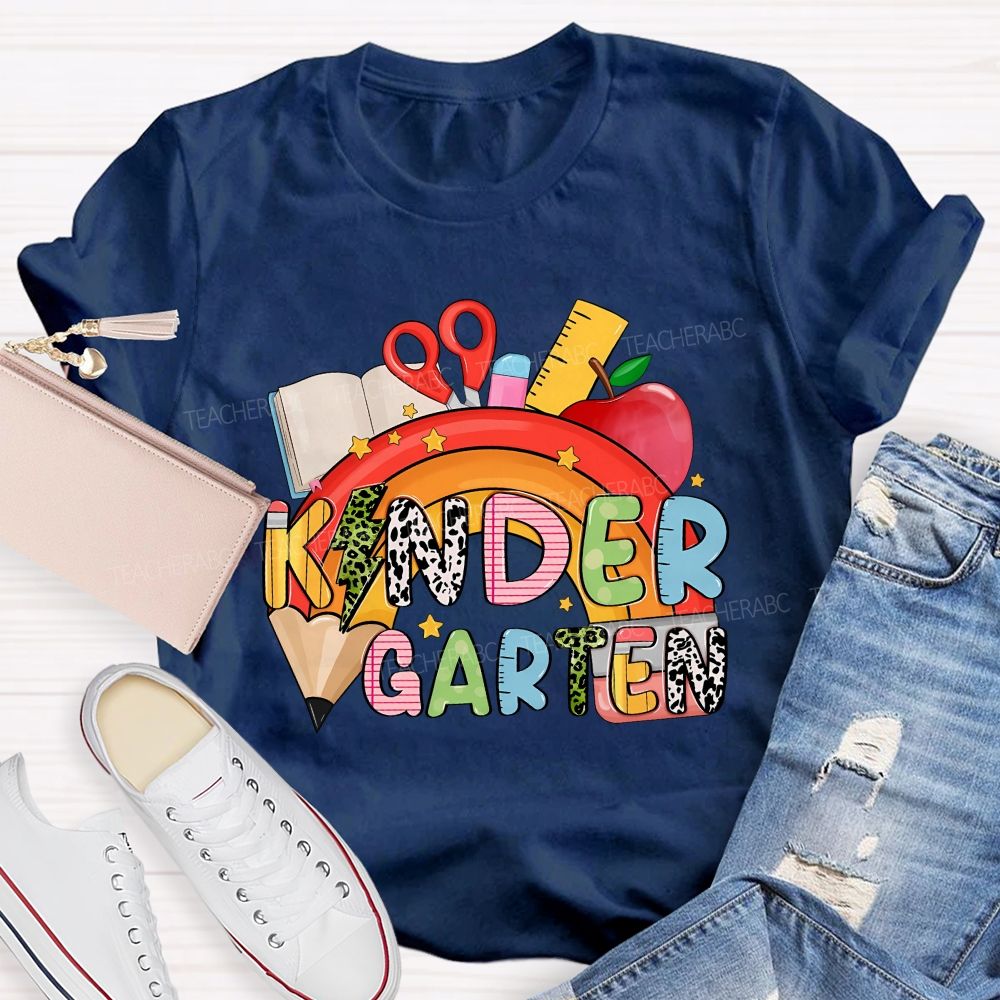 Personalized Grade Rainbow Kindergarten Teacher Life Vibes T-shirt