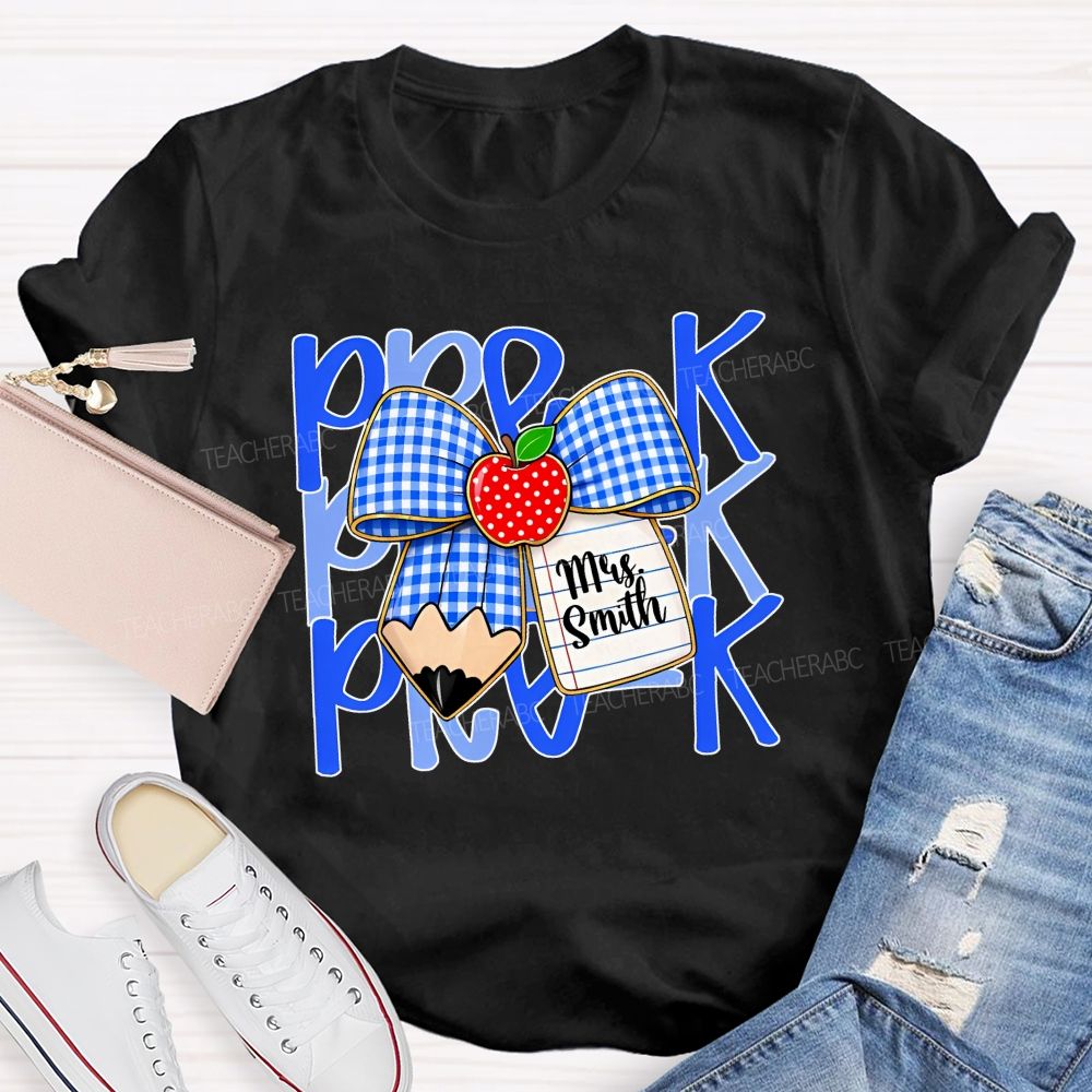 Personalized Name And Grade Pre-K Apple Bow Teacher T-shirt