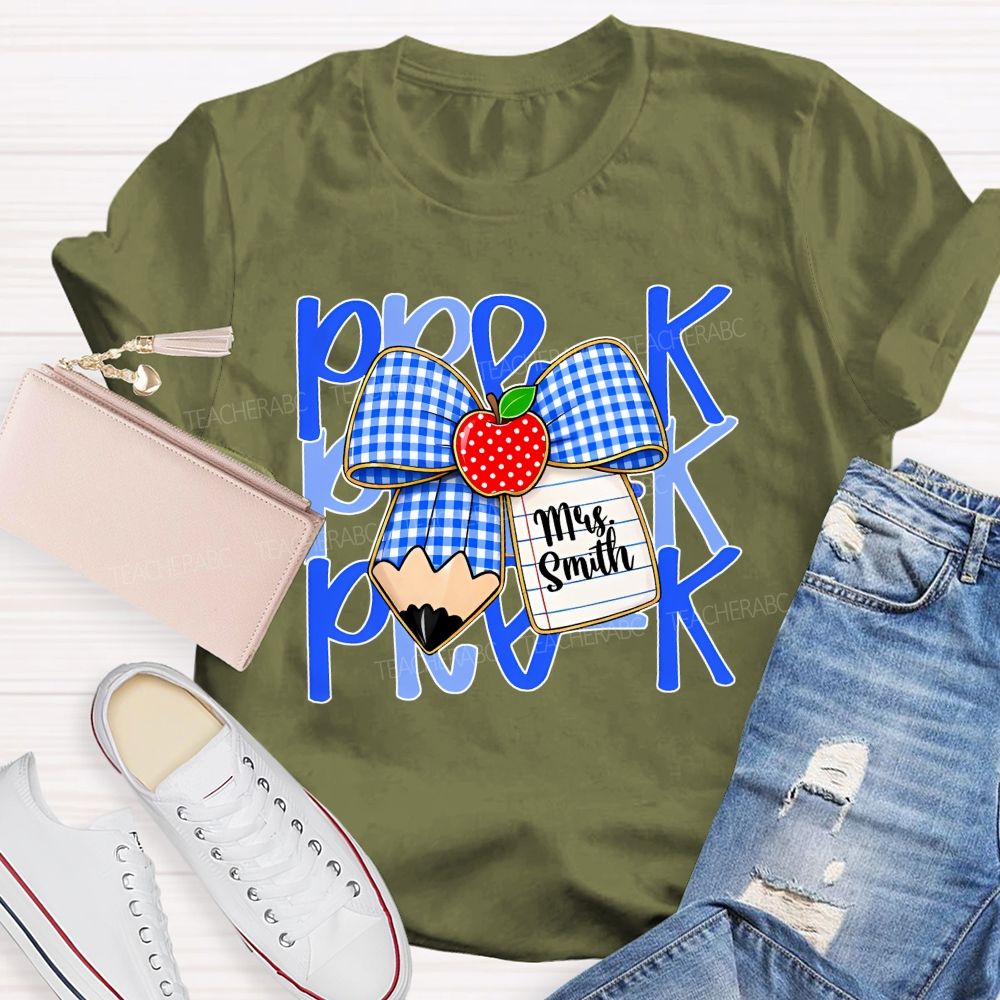 Personalized Name And Grade Pre-K Apple Bow Teacher T-shirt