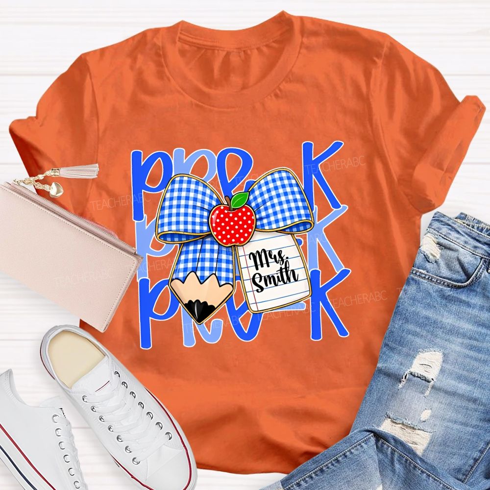 Personalized Name And Grade Pre-K Apple Bow Teacher T-shirt