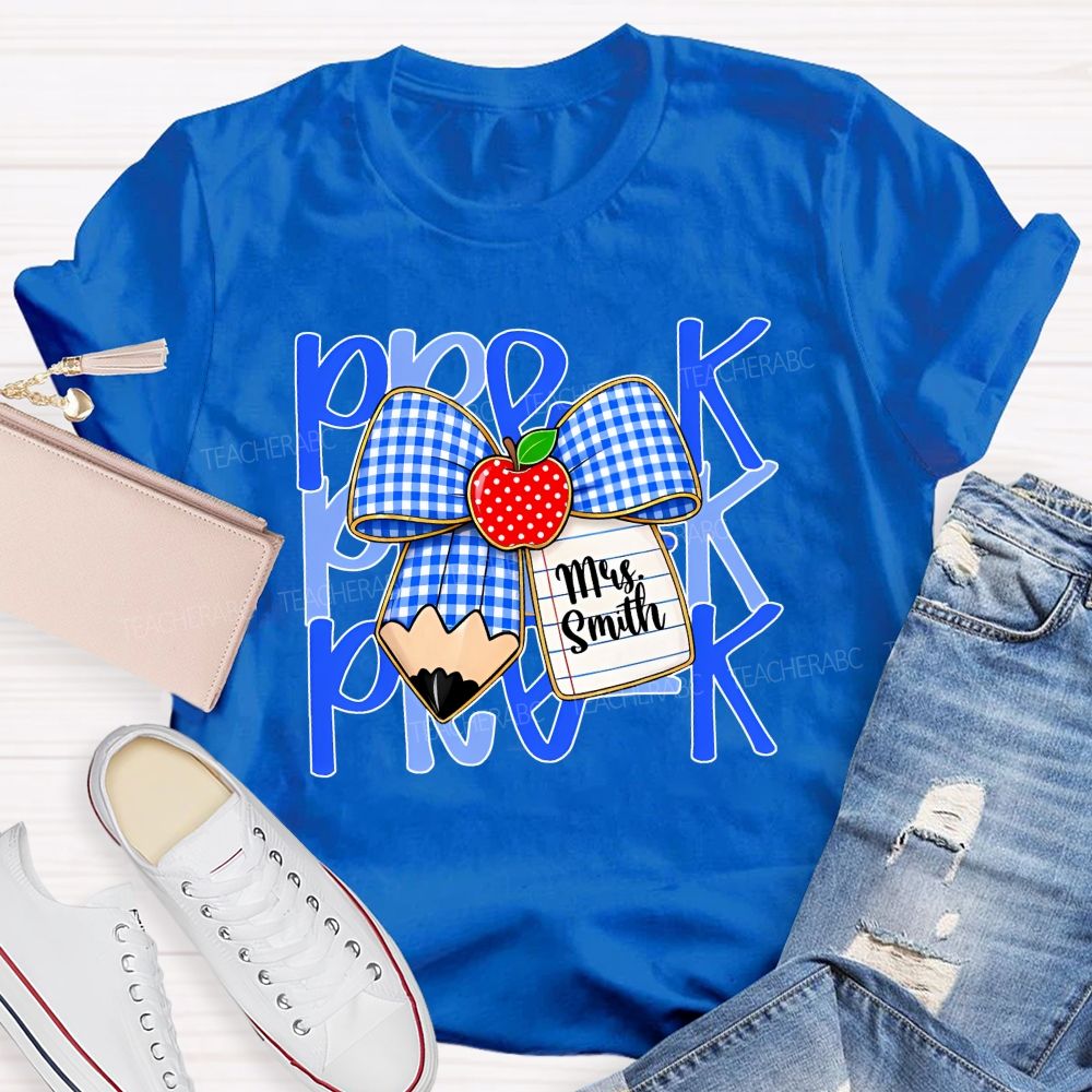 Personalized Name And Grade Pre-K Apple Bow Teacher T-shirt