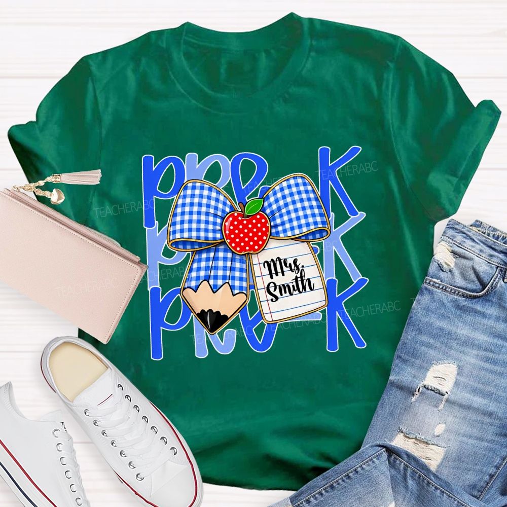 Personalized Name And Grade Pre-K Apple Bow Teacher T-shirt