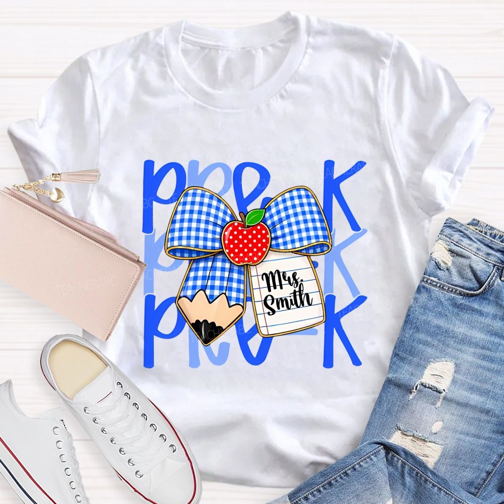 Personalized Name And Grade Pre-K Apple Bow Teacher T-shirt