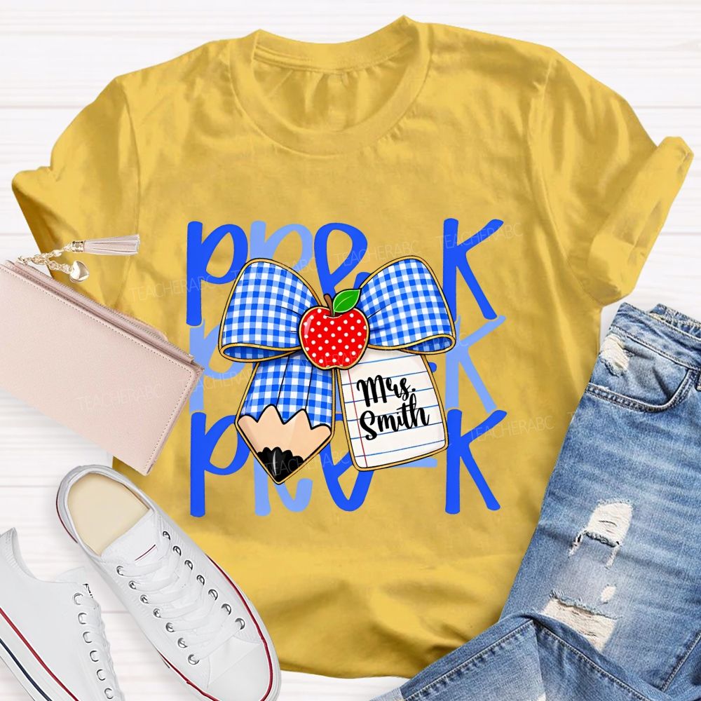 Personalized Name And Grade Pre-K Apple Bow Teacher T-shirt