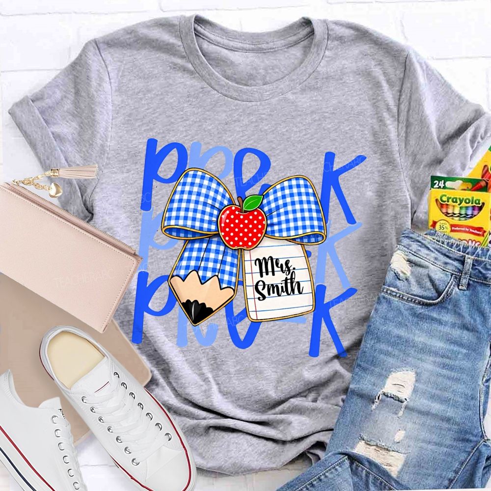 Personalized Name And Grade Pre-K Apple Bow Teacher T-shirt