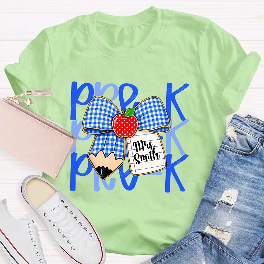 Personalized Name And Grade Pre-K Apple Bow Teacher T-shirt