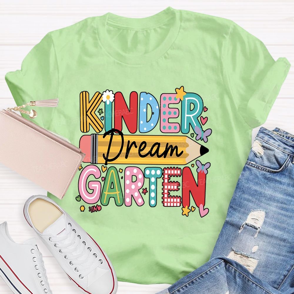 Personalized Grade Dream Kindergarten Color Mix Pattern Letter Pencil Floral Butterfly T-shirt