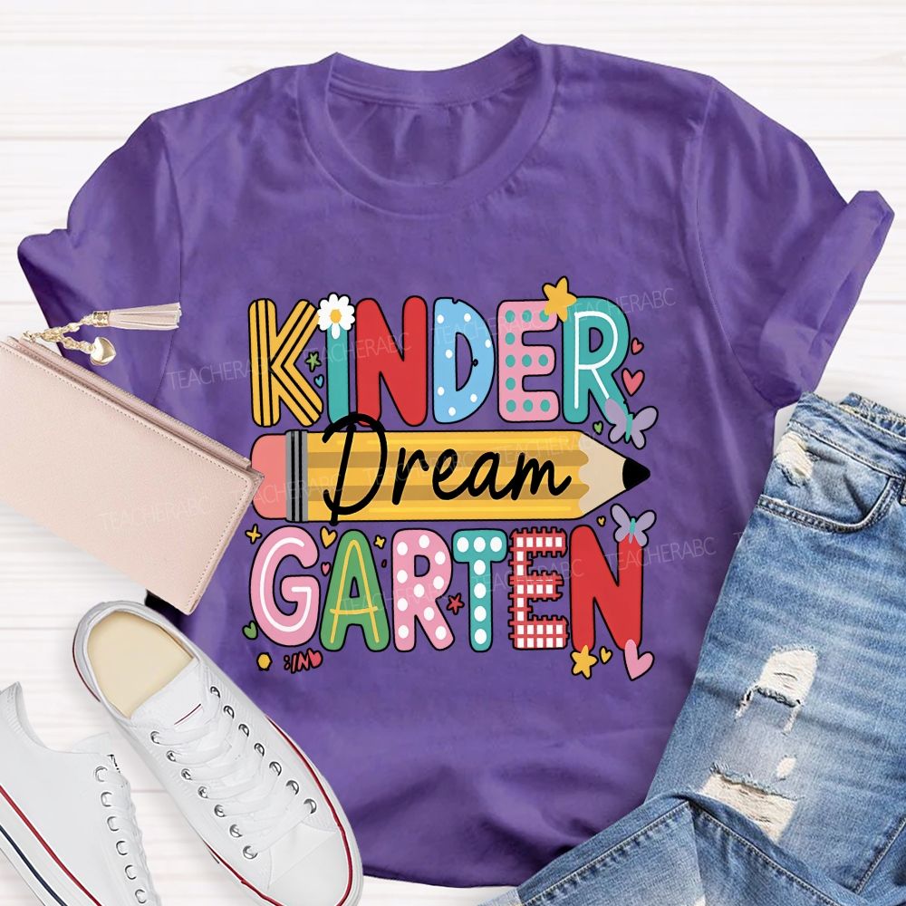 Personalized Grade Dream Kindergarten Color Mix Pattern Letter Pencil Floral Butterfly T-shirt