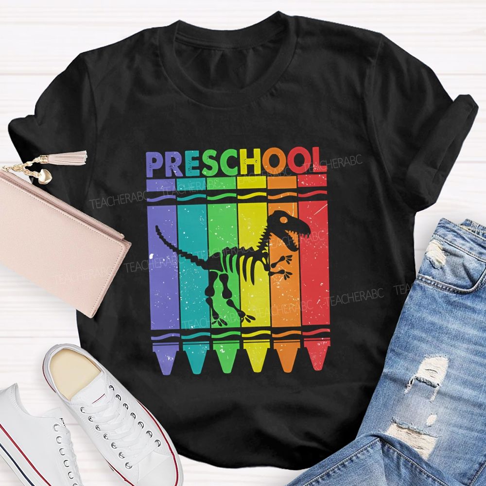 Personalized Grade Rainbow Crayon Dinosaur Skeleton Preschool Teacher T-shirt