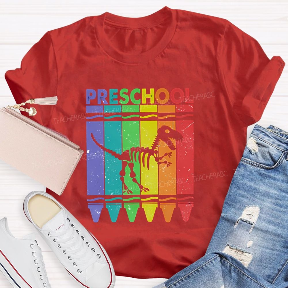 Personalized Grade Rainbow Crayon Dinosaur Skeleton Preschool Teacher T-shirt