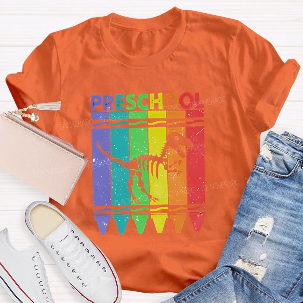 Personalized Grade Rainbow Crayon Dinosaur Skeleton Preschool Teacher T-shirt