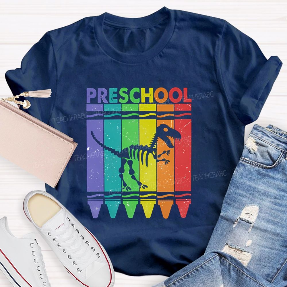 Personalized Grade Rainbow Crayon Dinosaur Skeleton Preschool Teacher T-shirt